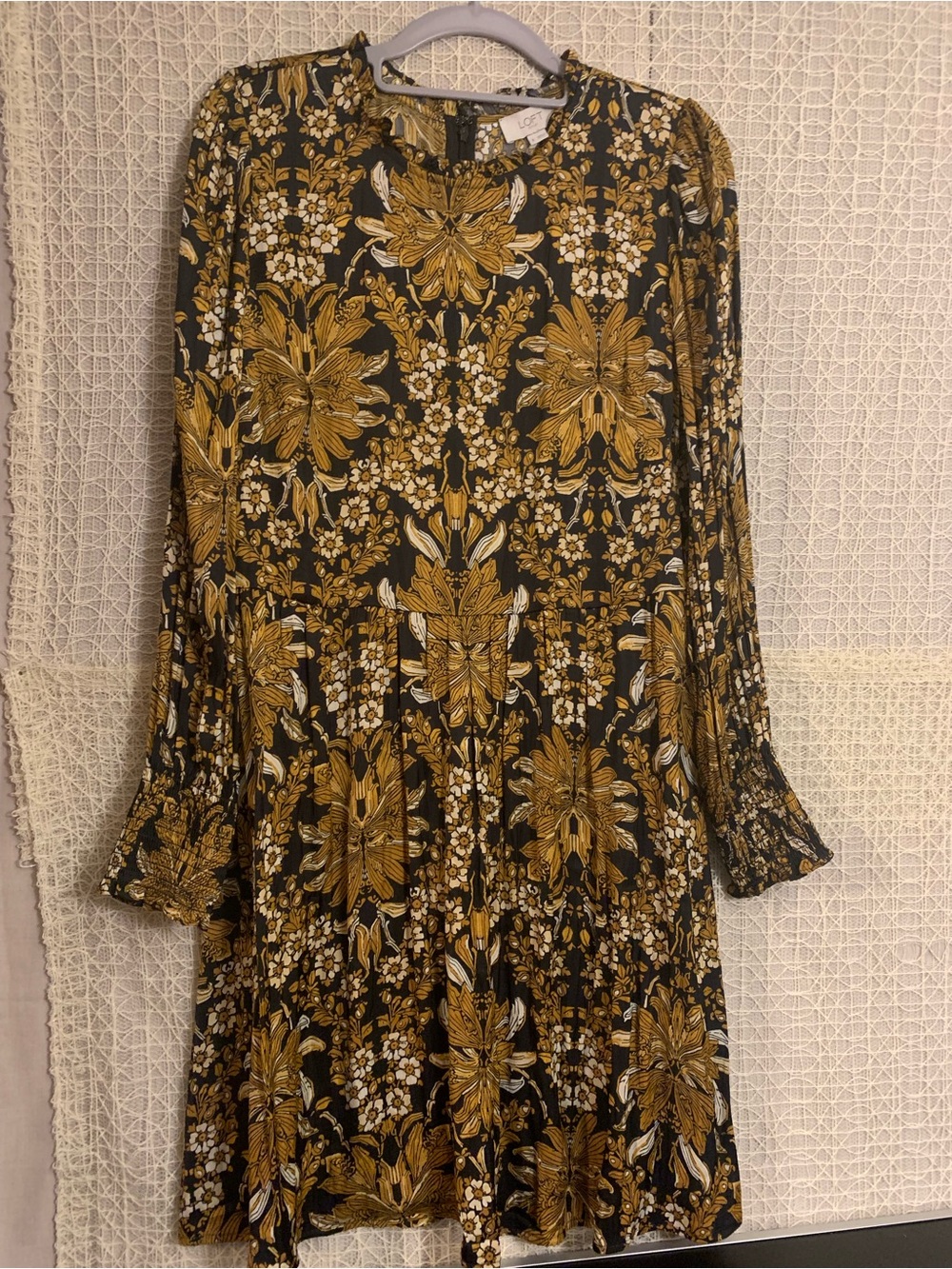 LOFT Mustard Floral Long-Sleeve Swing Pleated Bottom Sleeve Detail